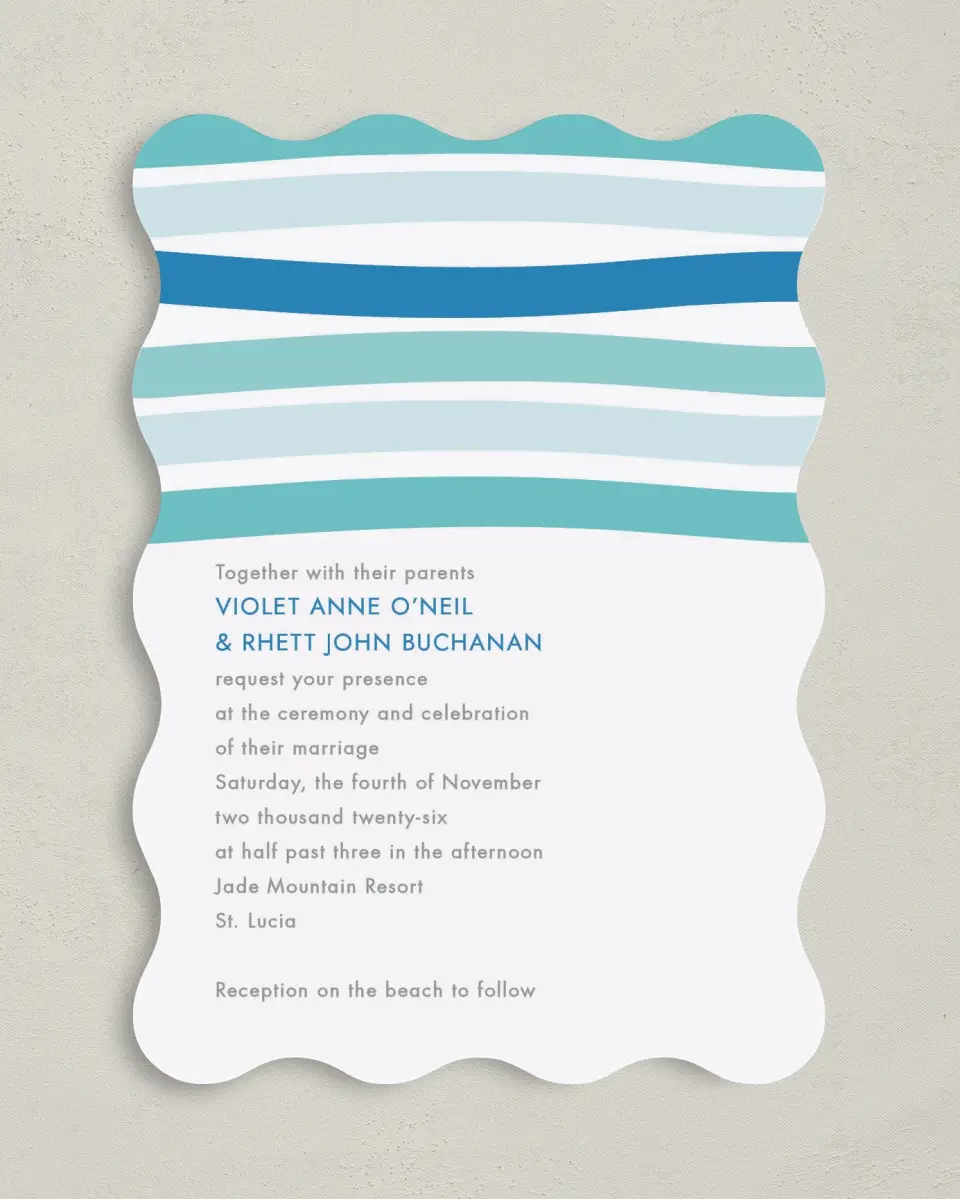 This is a 5" x 7" Wavy Wedding Invitation called Making Waves printed in full color on Premium Smooth paper