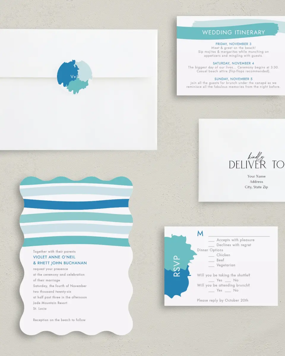This is a 5" x 7" Wavy Wedding Invitation called Making Waves printed in full color with Gold foil on Luxe Satin (coated) paper