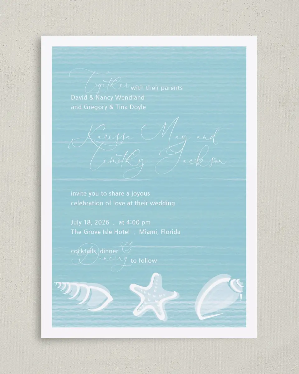This is a 5" x 7" Classic Wedding Invitation called Salty Kisses printed in full color on Premium Smooth paper