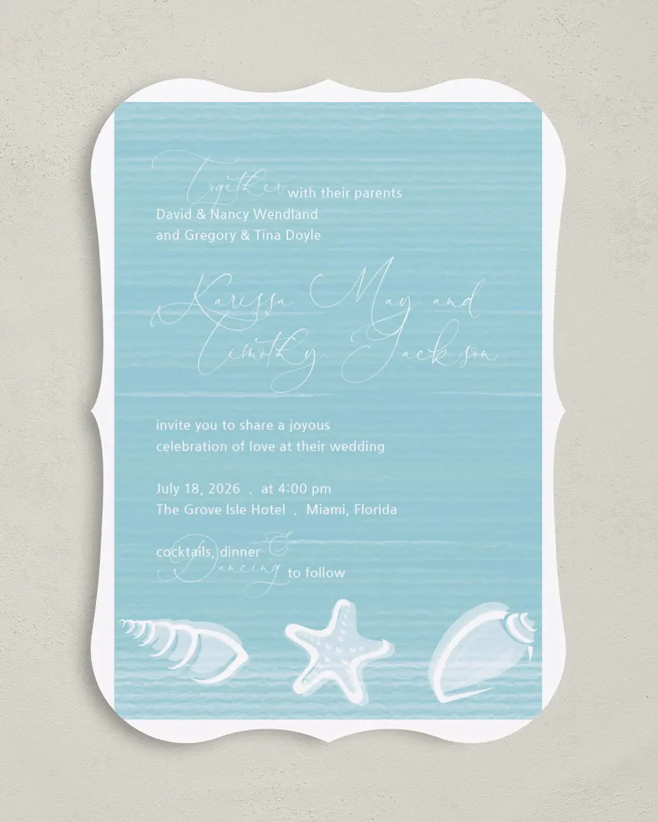 This is a 5" x 7" Bracket Wedding Invitation called Salty Kisses printed in full color on Premium Smooth paper