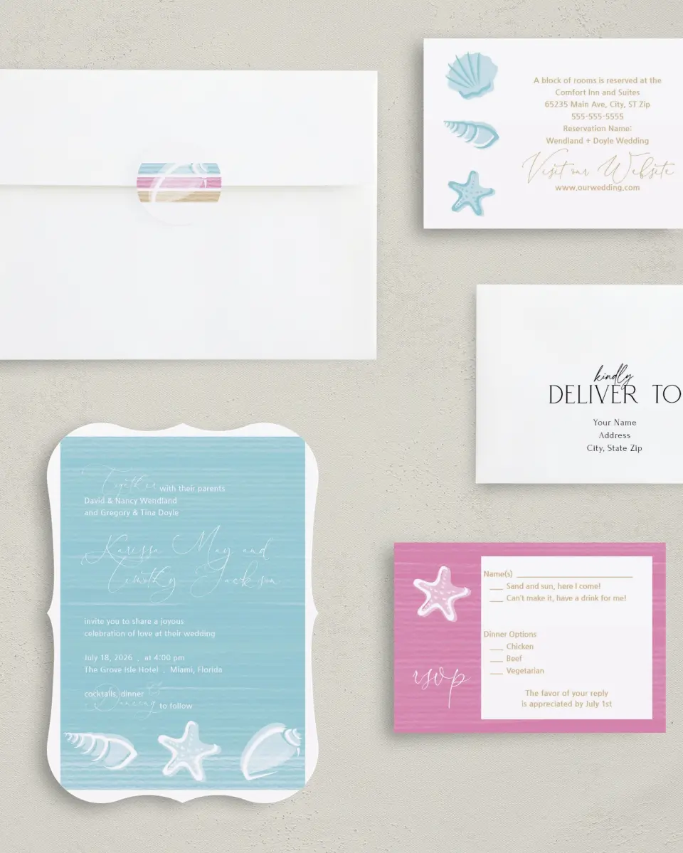 This is a 5" x 7" Bracket Wedding Invitation called Salty Kisses printed in full color on Premium Smooth paper