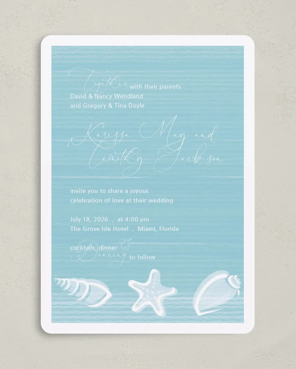 This is a 5" x 7" Rounded Wedding Invitation called Salty Kisses printed in full color on Premium Smooth paper