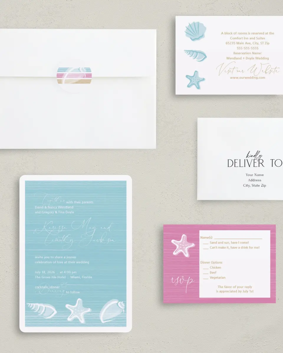 This is a 5" x 7" Rounded Wedding Invitation called Salty Kisses printed in full color on Premium Smooth paper