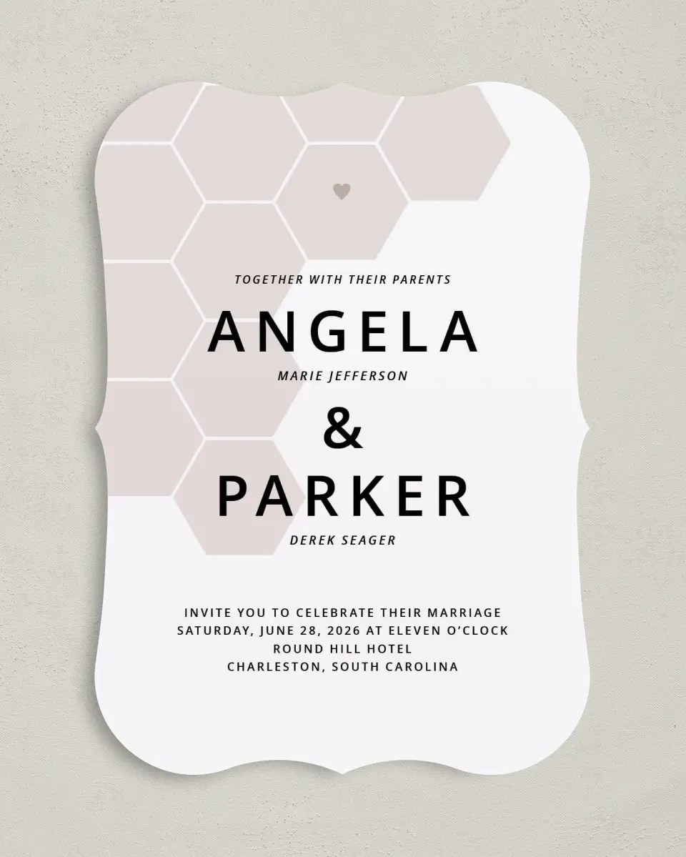 This is a 5" x 7" Bracket Wedding Invitation called Honeycomb Sweetness printed in full color on Premium Smooth paper