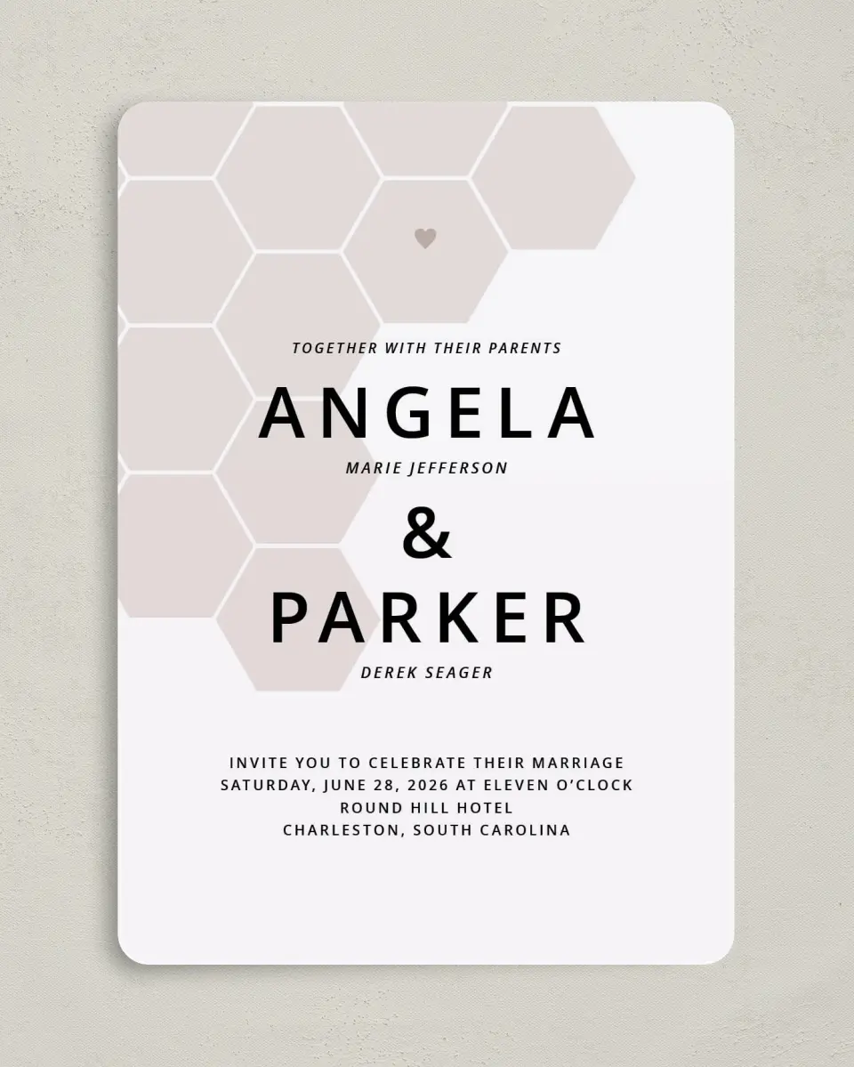 This is a 5" x 7" Rounded Wedding Invitation called Honeycomb Sweetness printed in full color on Premium Smooth paper