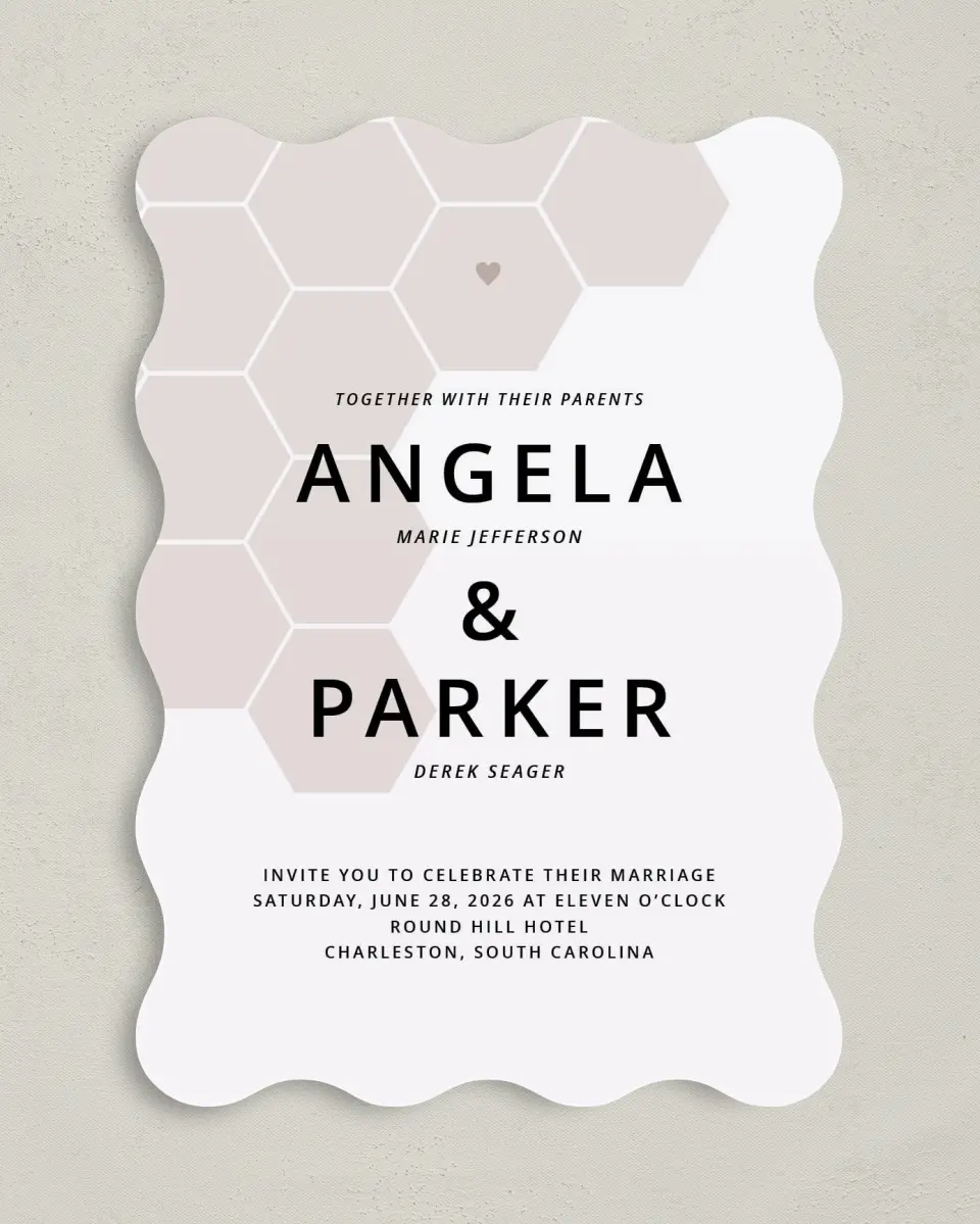 This is a 5" x 7" Wavy Wedding Invitation called Honeycomb Sweetness printed in full color with Gold foil on Luxe Satin (coated) paper