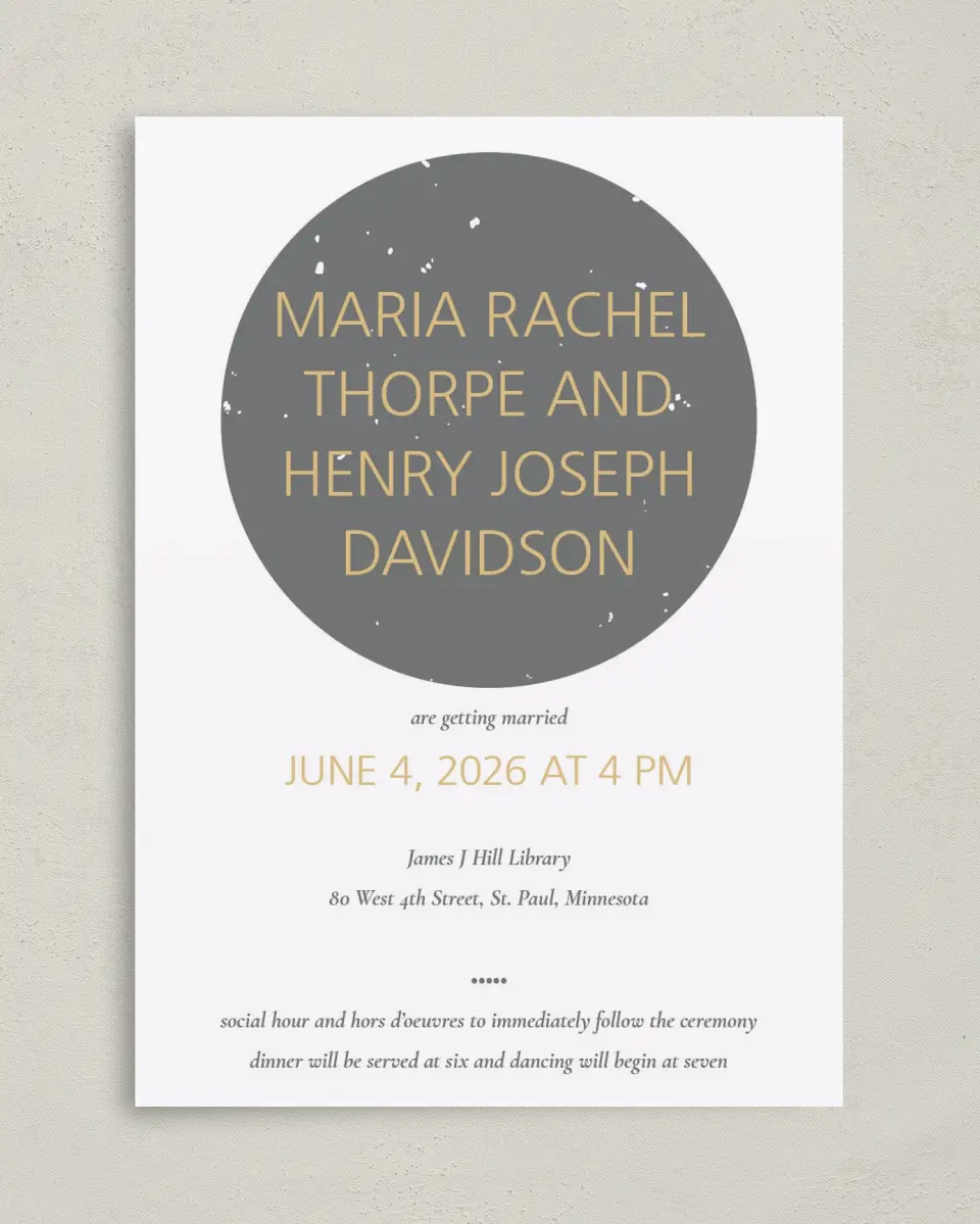 This is a 5" x 7" Classic Wedding Invitation called Truly, Madly, Deeply printed in full color with Gold foil on Luxe Satin (coated) paper