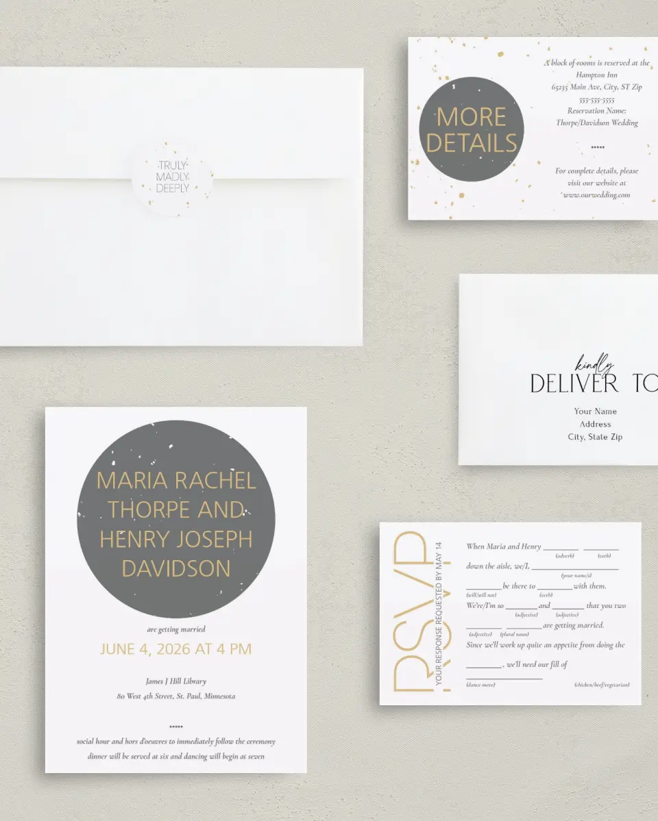 This is a 5" x 7" Classic Wedding Invitation called Truly, Madly, Deeply printed in full color with Gold foil on Luxe Satin (coated) paper