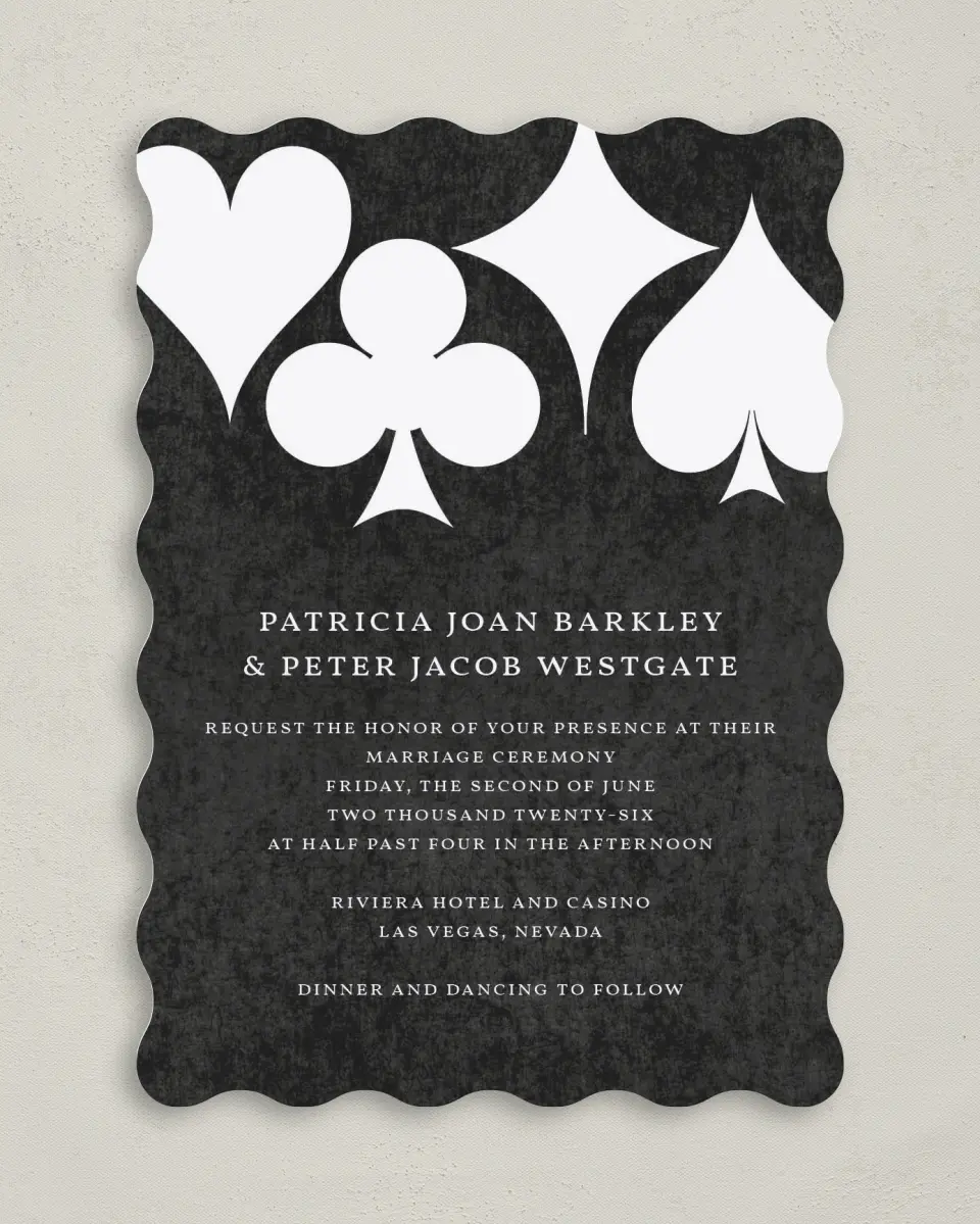 This is a 5" x 7" Wavy Wedding Invitation called Vegas Luxe printed in full color on Premium Smooth paper