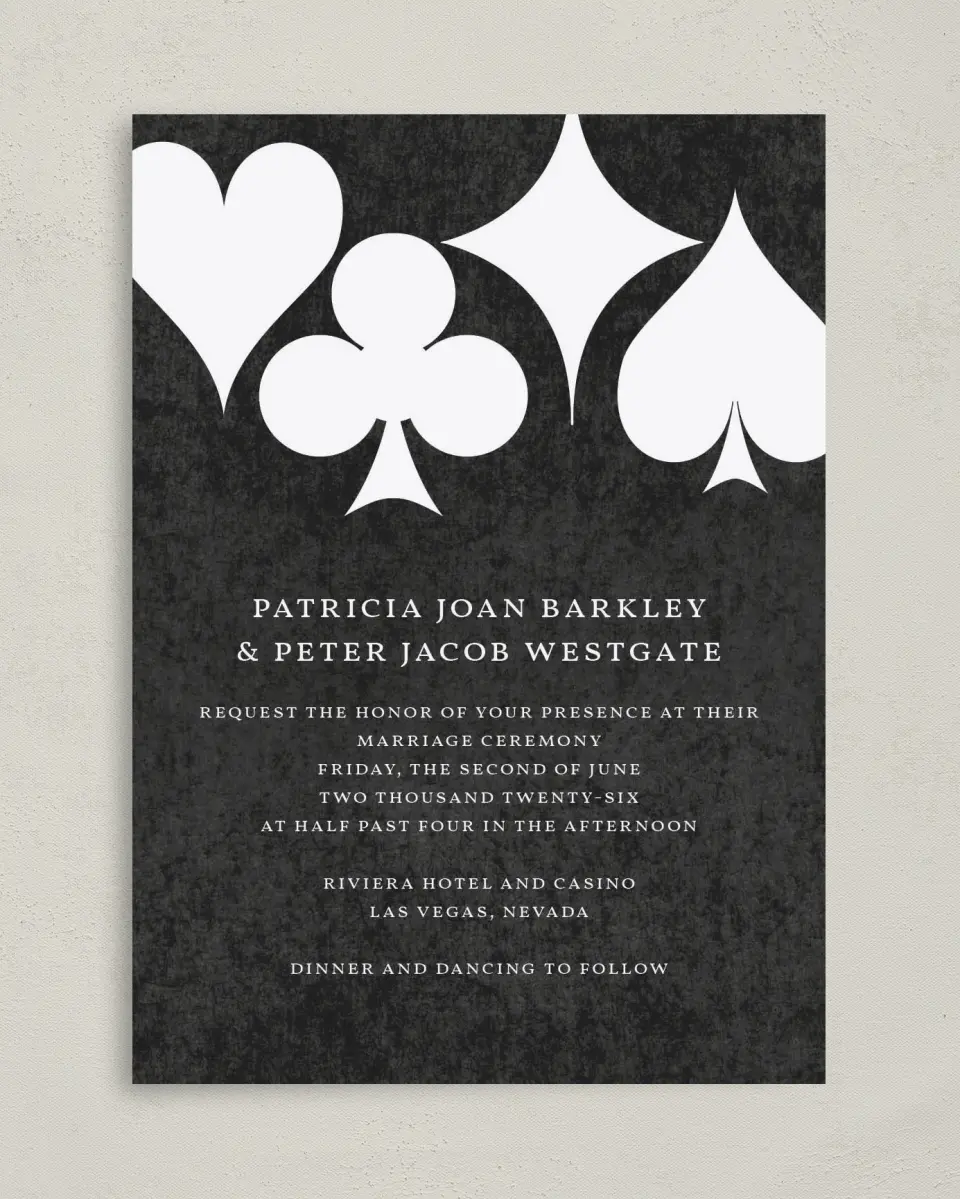 This is a 5" x 7" Classic Wedding Invitation called Vegas Luxe printed in full color on Premium Smooth paper