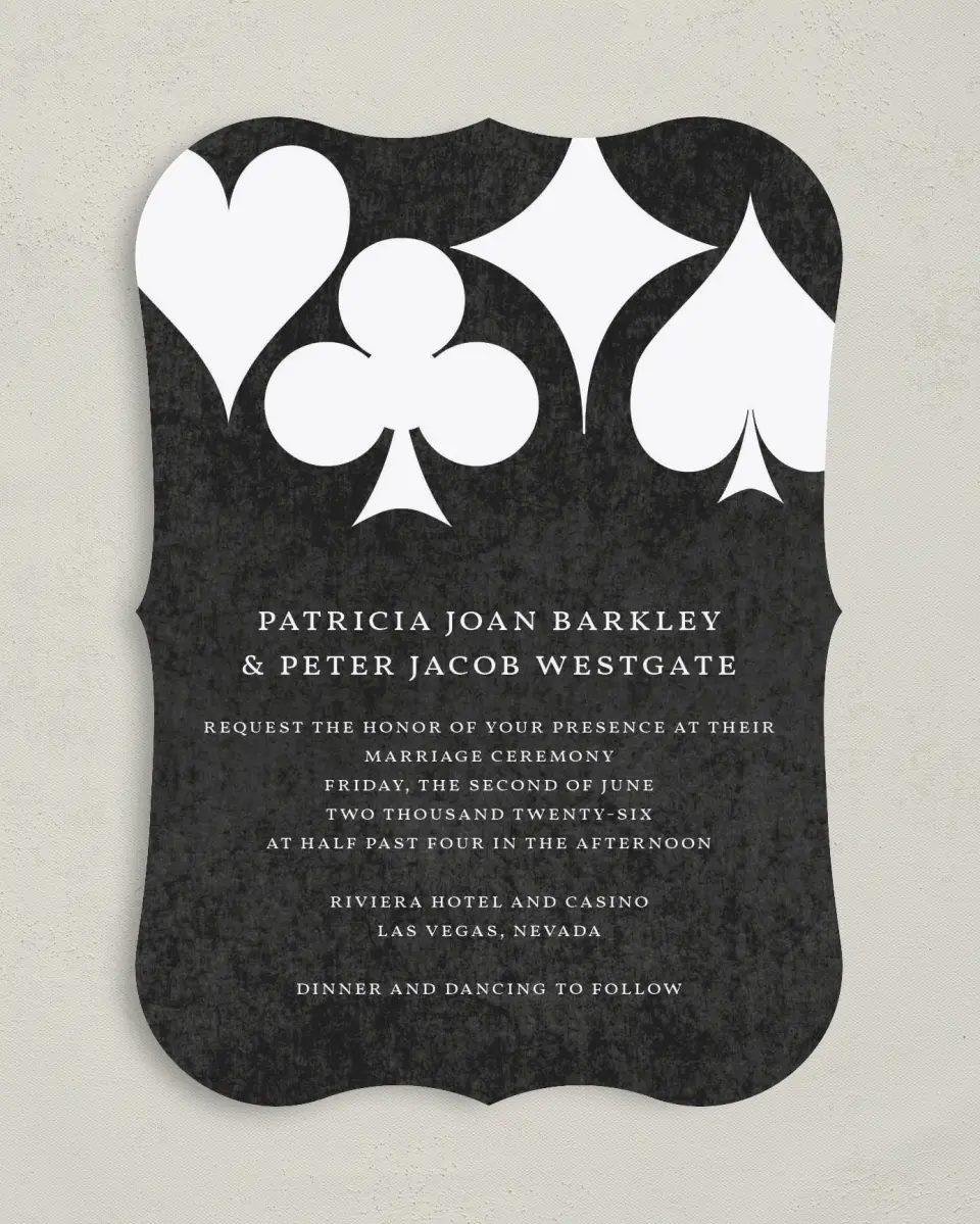 This is a 5" x 7" Bracket Wedding Invitation called Vegas Luxe printed in full color on Premium Smooth paper