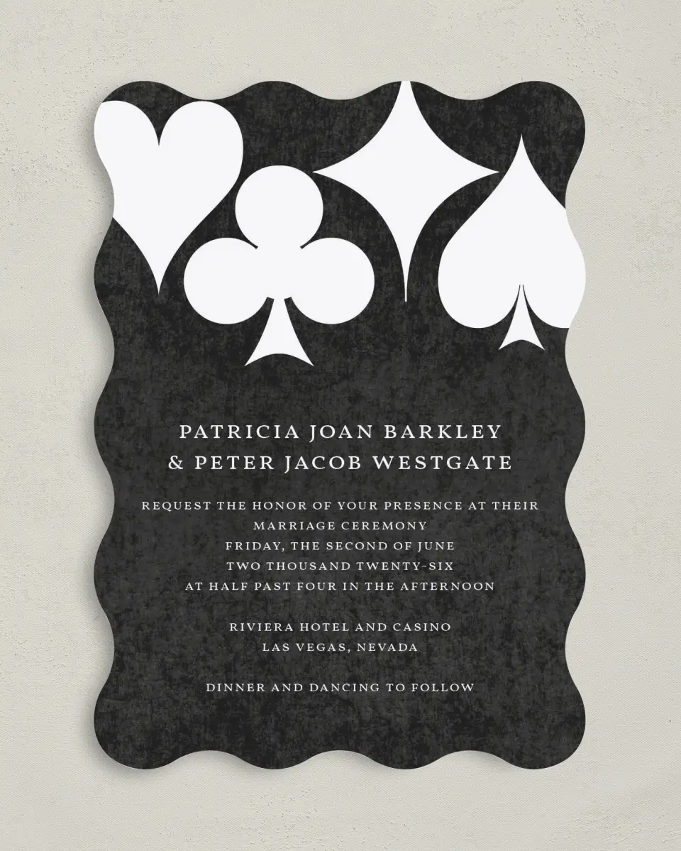 This is a 5" x 7" Wavy Wedding Invitation called Vegas Luxe printed in full color on Premium Smooth paper