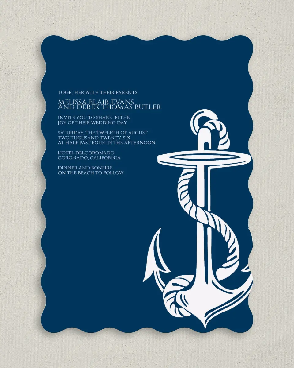 This is a 5" x 7" Wavy Wedding Invitation called Love's Anchor printed in full color on Premium Smooth paper