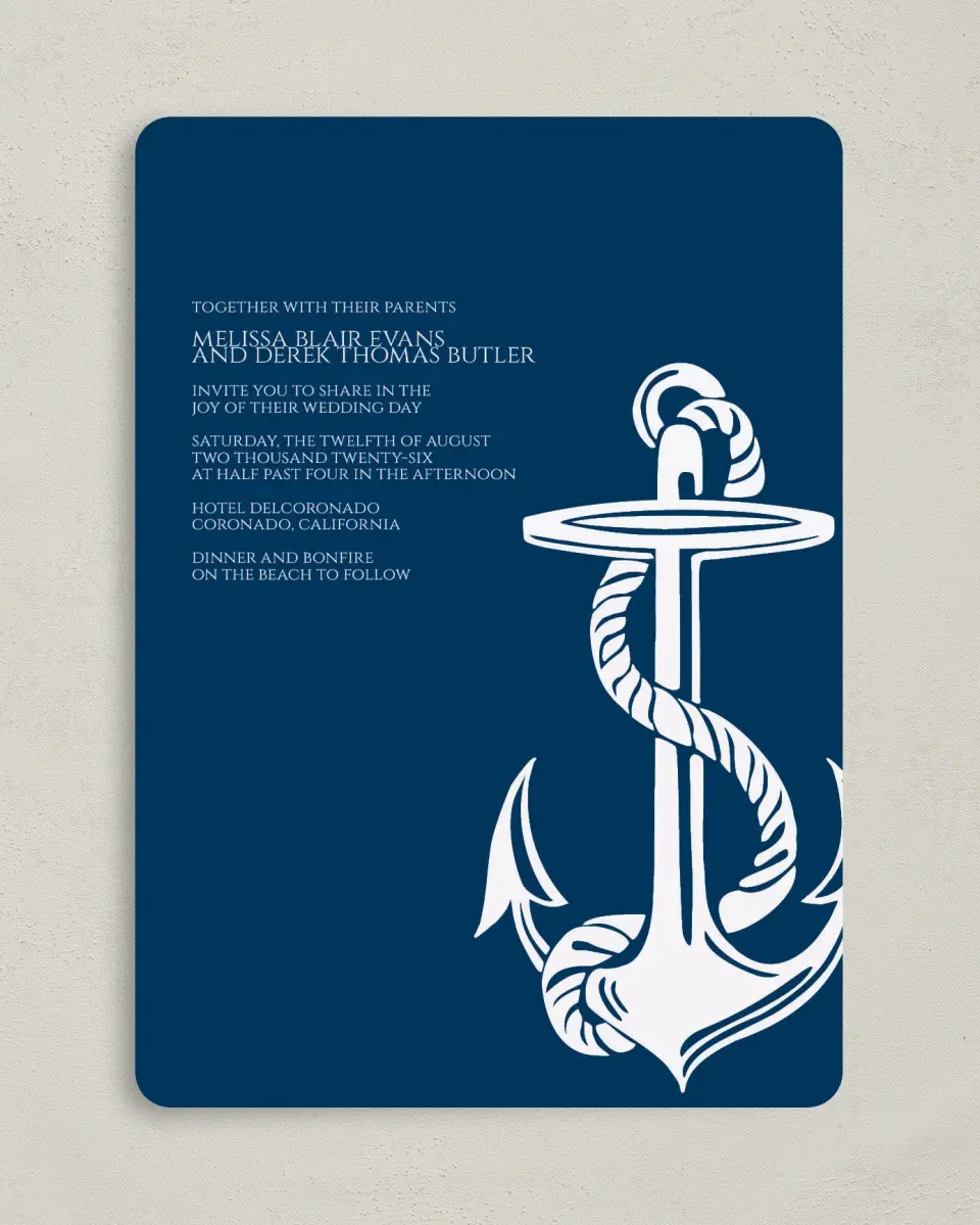 This is a 5" x 7" Rounded Wedding Invitation called Love's Anchor printed in full color on Premium Smooth paper