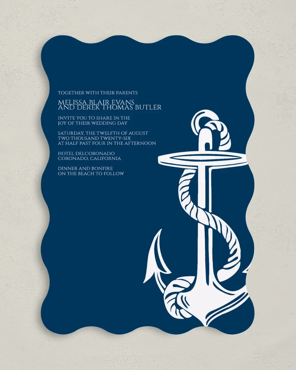 This is a 5" x 7" Wavy Wedding Invitation called Love's Anchor printed in full color with Gold foil on Luxe Satin (coated) paper