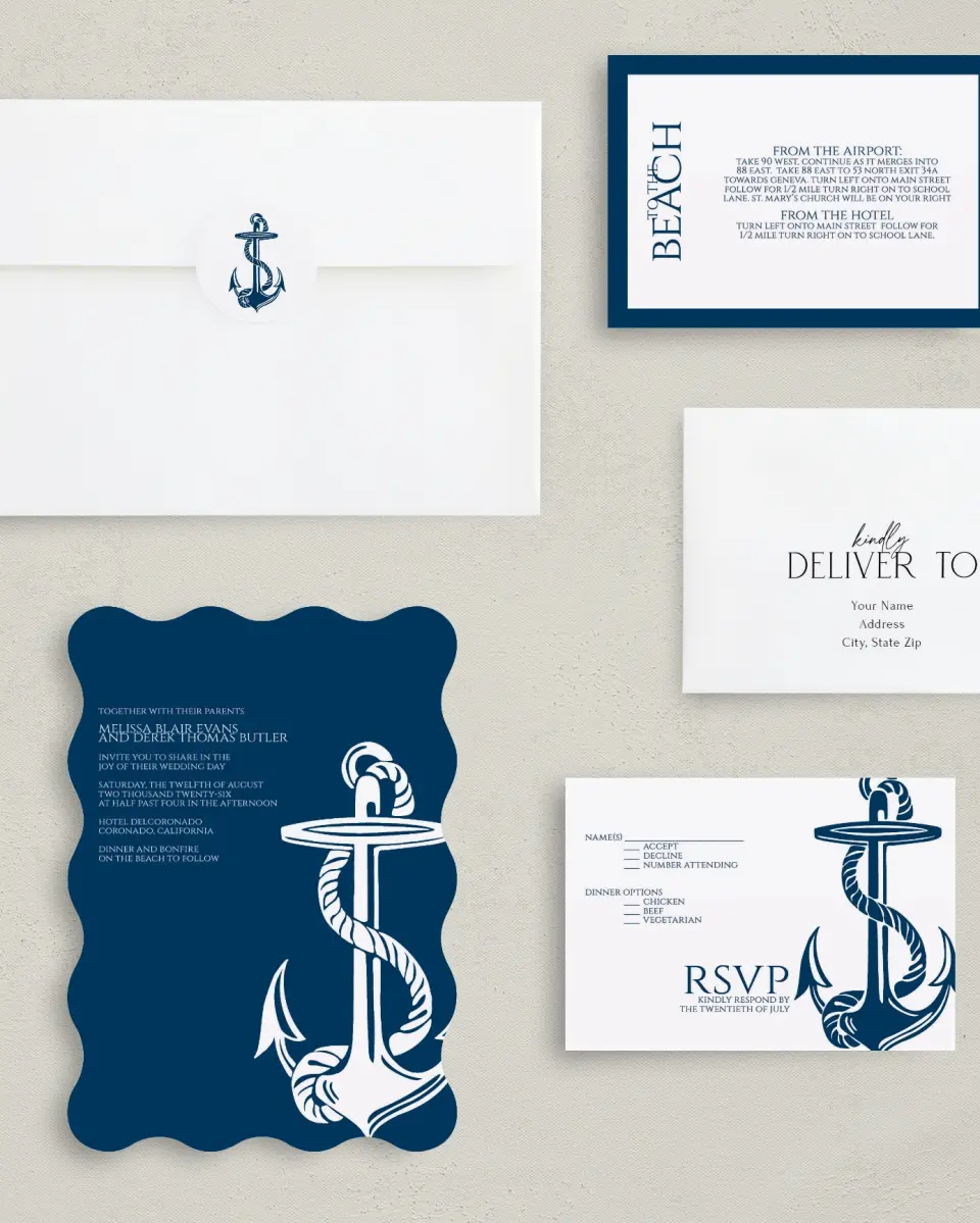 This is a 5" x 7" Wavy Wedding Invitation called Love's Anchor printed in full color with Gold foil on Luxe Satin (coated) paper