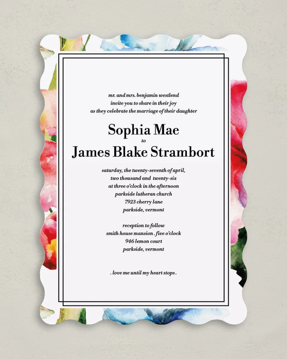 This is a 5" x 7" Wavy Wedding Invitation called Floral Watercolor printed in full color on Premium Smooth paper