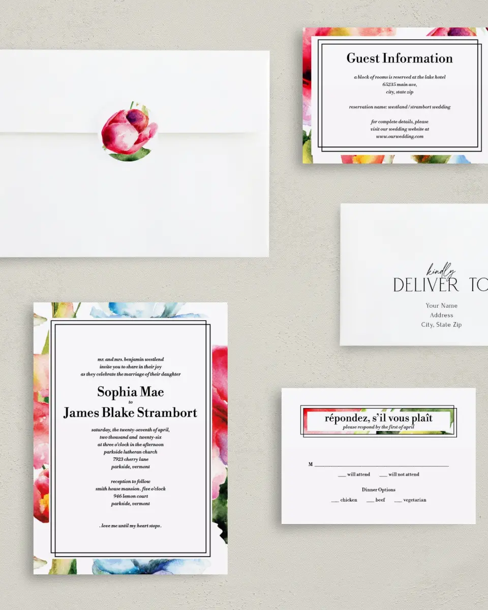 This is a 5" x 7" Classic Wedding Invitation called Floral Watercolor printed in full color with Gold foil on Luxe Satin (coated) paper