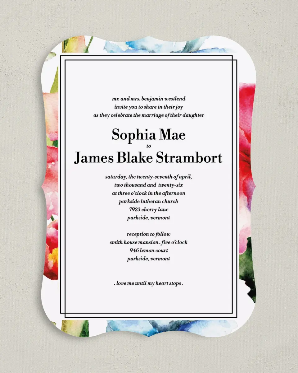 This is a 5" x 7" Bracket Wedding Invitation called Floral Watercolor printed in full color on Premium Smooth paper