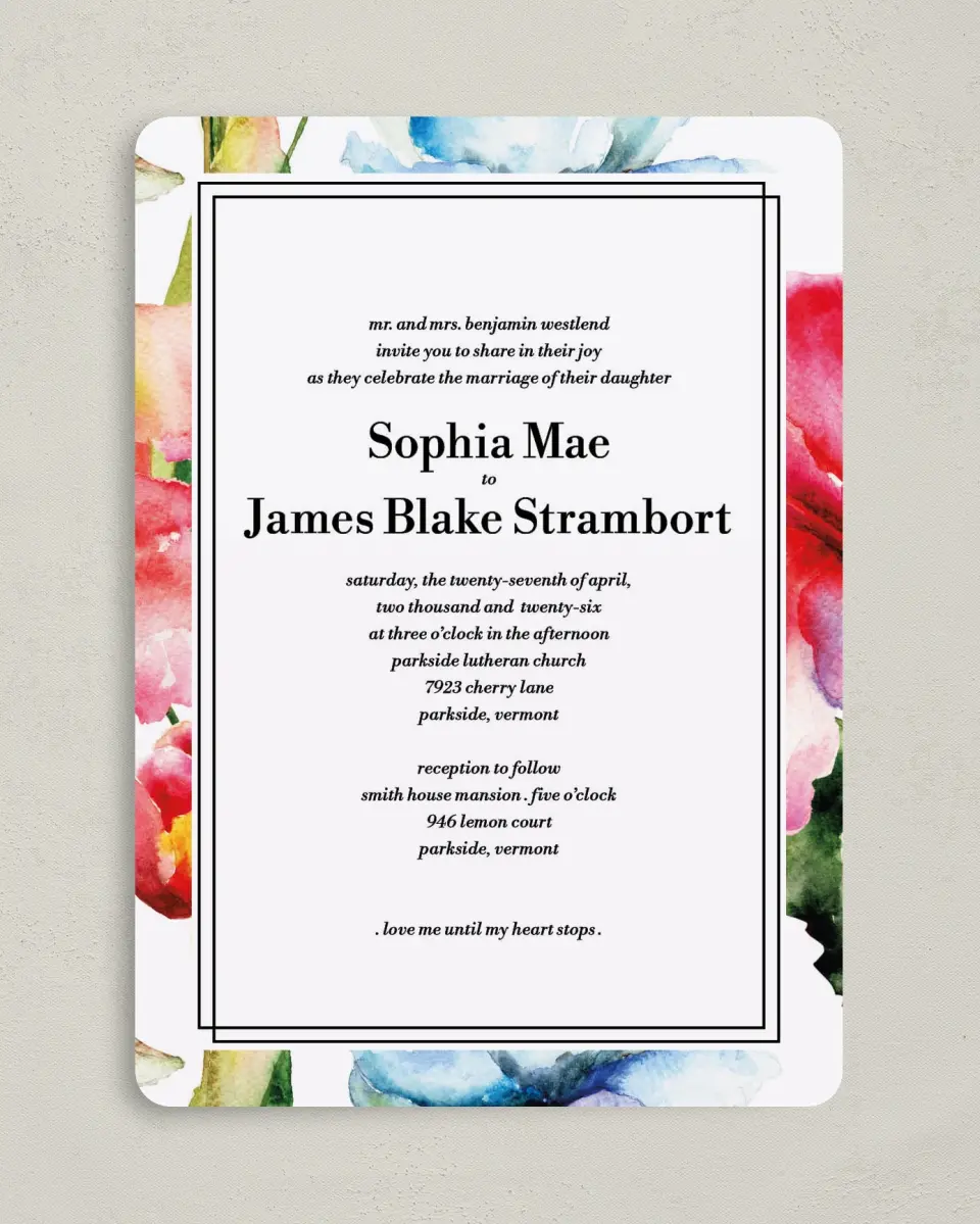 This is a 5" x 7" Rounded Wedding Invitation called Floral Watercolor printed in full color on Premium Smooth paper