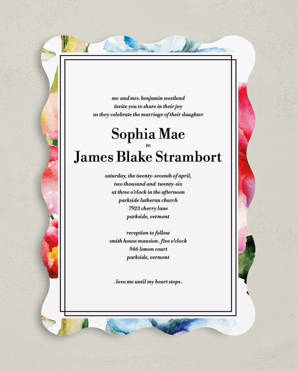This is a 5" x 7" Wavy Wedding Invitation called Floral Watercolor printed in full color on Premium Smooth paper