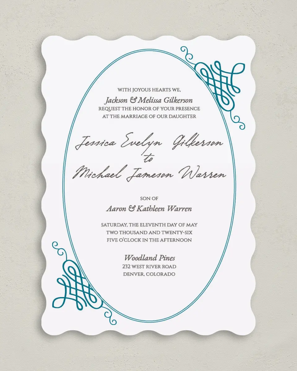 This is a 5" x 7" Wavy Wedding Invitation called Simple Luxury printed in full color on Premium Smooth paper