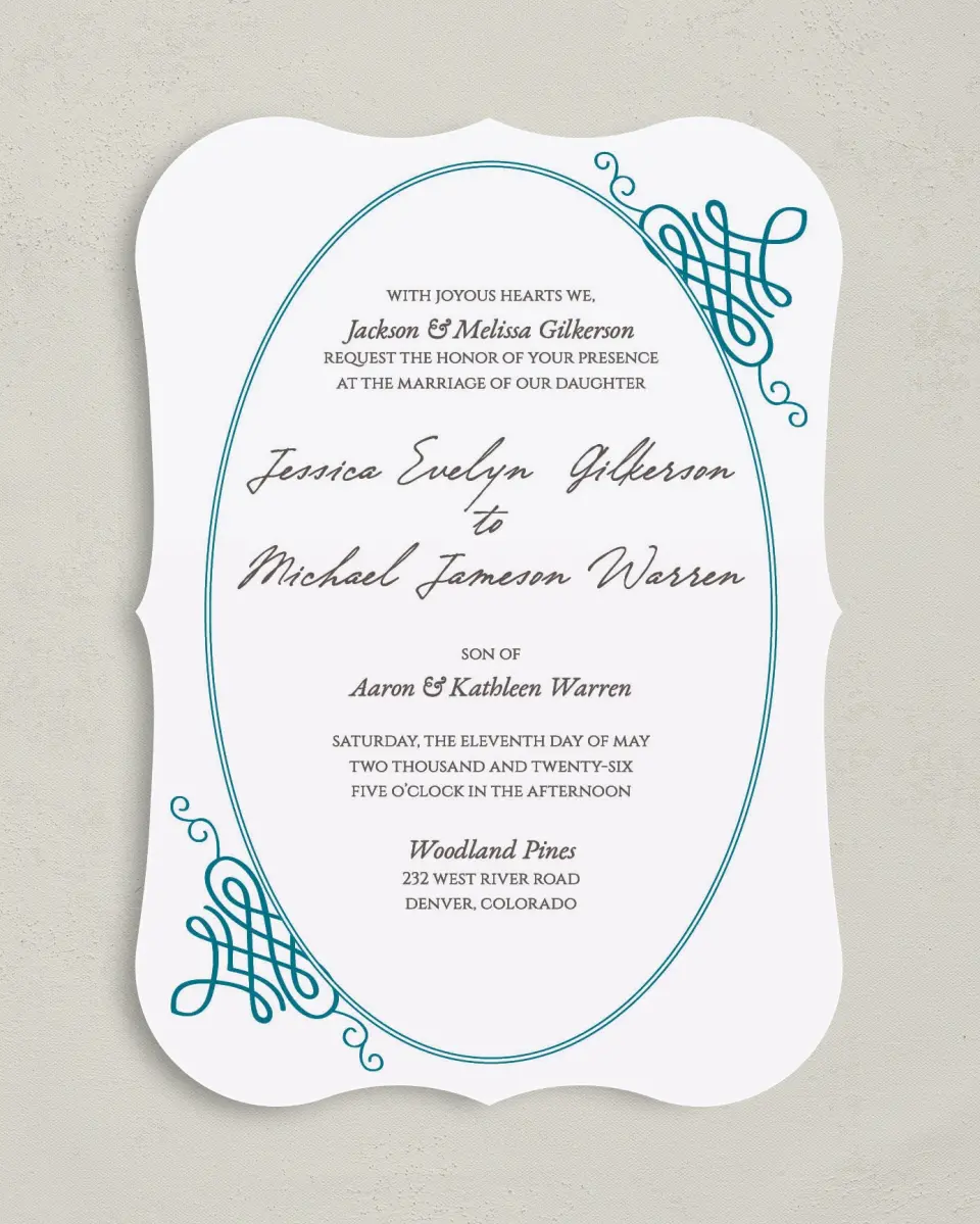 This is a 5" x 7" Bracket Wedding Invitation called Simple Luxury printed in full color on Premium Smooth paper