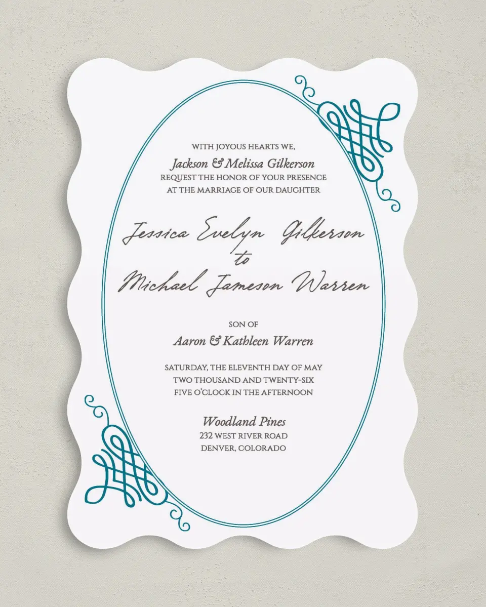 This is a 5" x 7" Wavy Wedding Invitation called Simple Luxury printed in full color on Premium Smooth paper