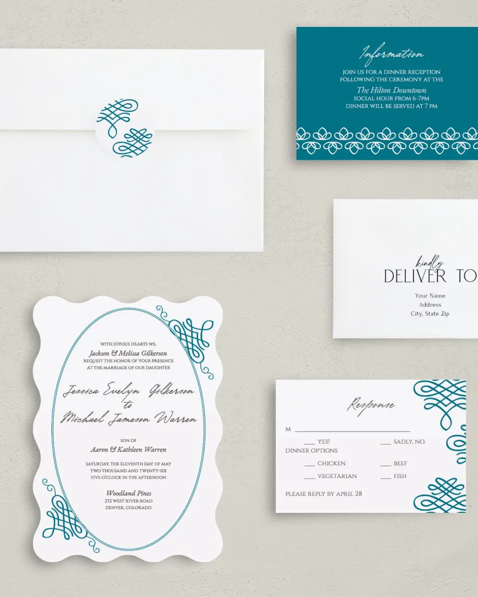 This is a 5" x 7" Wavy Wedding Invitation called Simple Luxury printed in full color with Gold foil on Luxe Satin (coated) paper