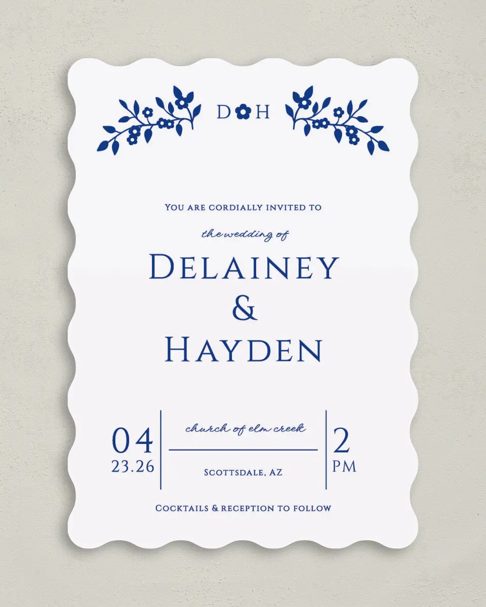 This is a 5" x 7" Wavy Wedding Invitation called Secret Garden printed in full color on Premium Smooth paper
