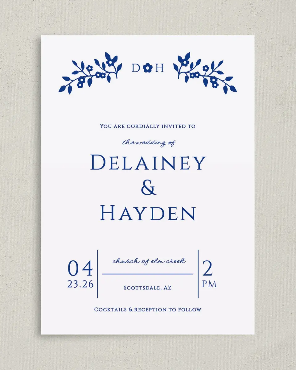 This is a 5" x 7" Classic Wedding Invitation called Secret Garden printed in full color with Gold foil on Luxe Satin (coated) paper