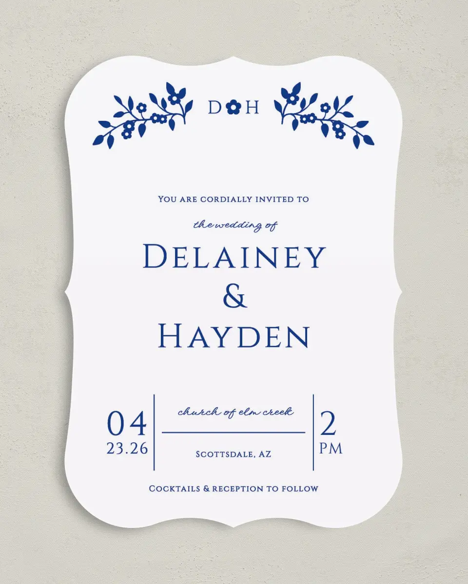 This is a 5" x 7" Bracket Wedding Invitation called Secret Garden printed in full color with Silver foil on Luxe Satin (coated) paper