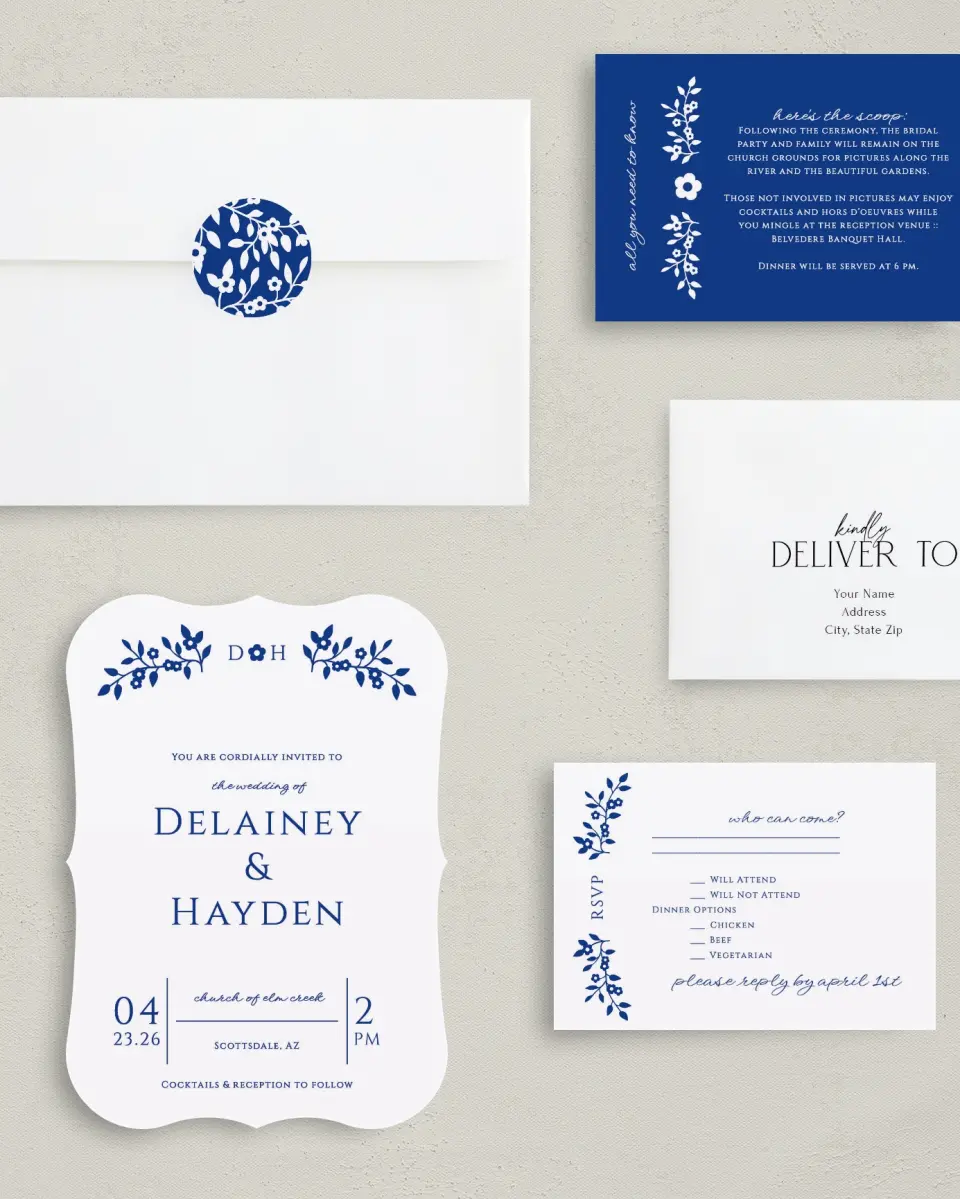 This is a 5" x 7" Bracket Wedding Invitation called Secret Garden printed in full color with Silver foil on Luxe Satin (coated) paper