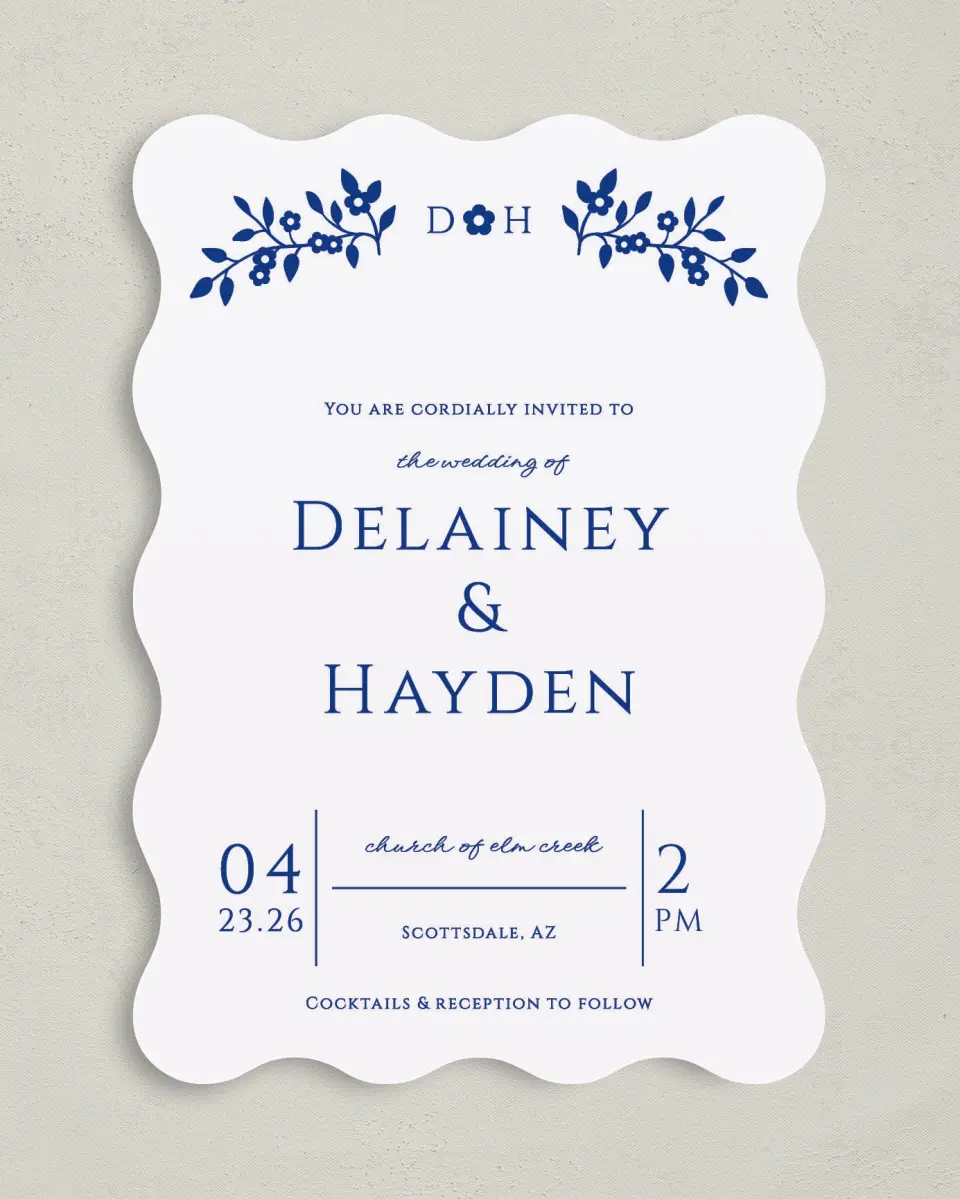 This is a 5" x 7" Wavy Wedding Invitation called Secret Garden printed in full color on Premium Smooth paper