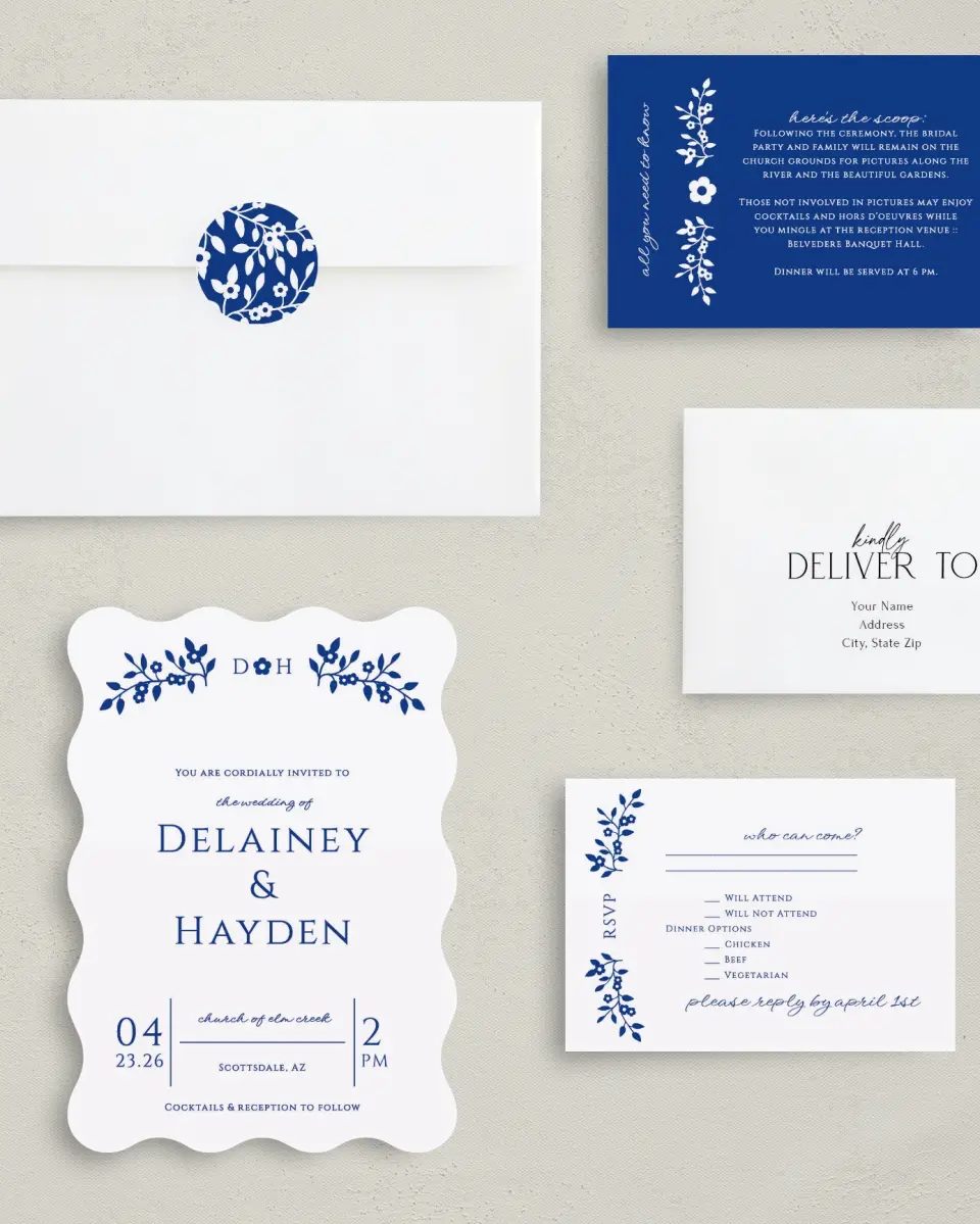 This is a 5" x 7" Wavy Wedding Invitation called Secret Garden printed in full color with Silver foil on Luxe Satin (coated) paper