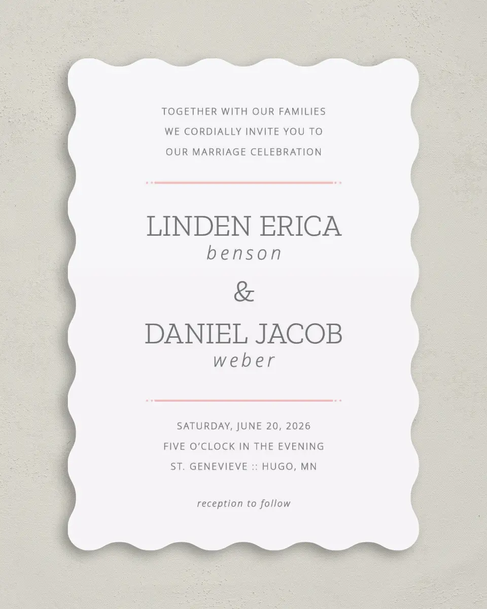 This is a 5" x 7" Wavy Wedding Invitation called Sweetly Charmed printed in full color on Premium Smooth paper