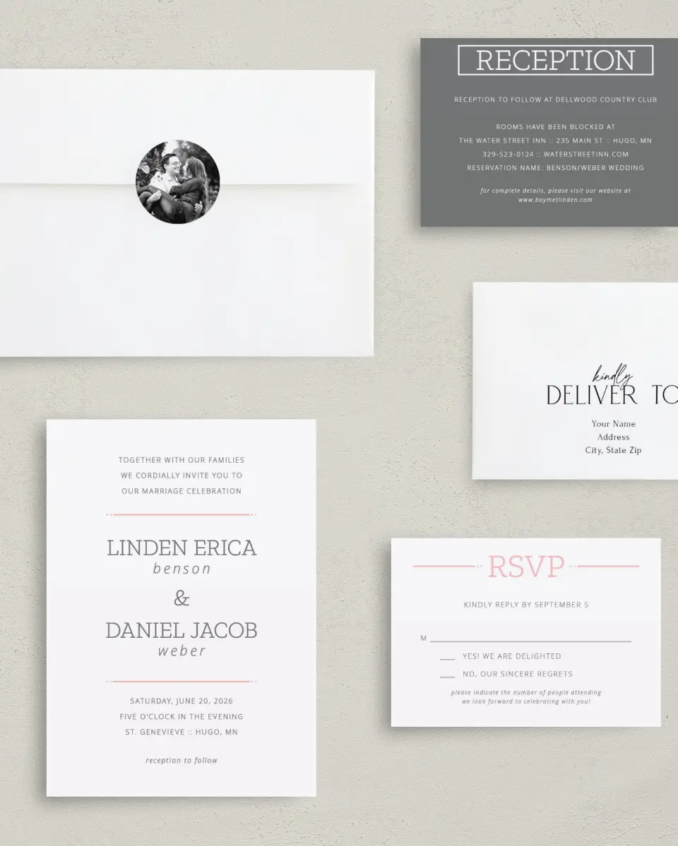 This is a 5" x 7" Classic Wedding Invitation called Sweetly Charmed printed in full color with Gold foil on Luxe Satin (coated) paper