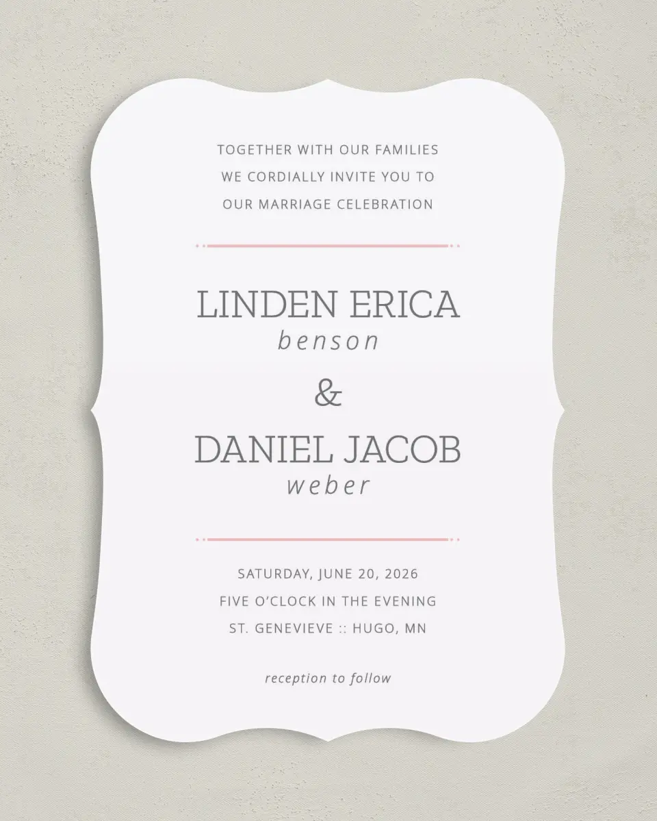 This is a 5" x 7" Bracket Wedding Invitation called Sweetly Charmed printed in full color with Silver foil on Luxe Satin (coated) paper
