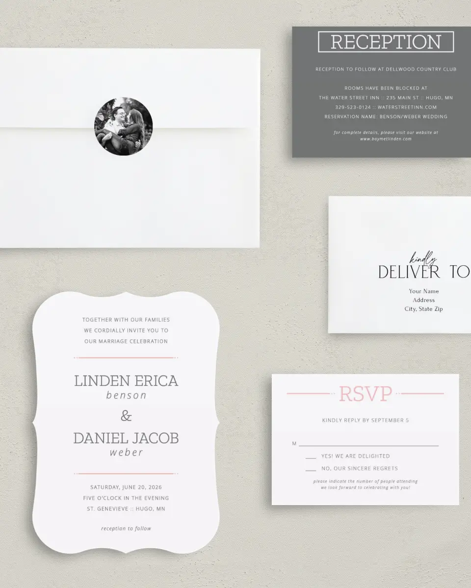 This is a 5" x 7" Bracket Wedding Invitation called Sweetly Charmed printed in full color with Silver foil on Luxe Satin (coated) paper