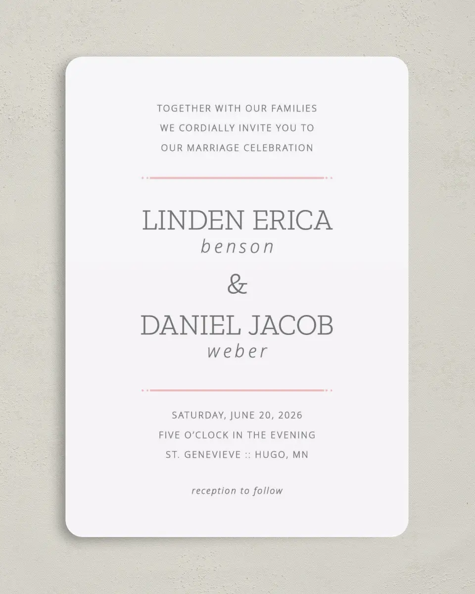 This is a 5" x 7" Rounded Wedding Invitation called Sweetly Charmed printed in full color on Premium Smooth paper