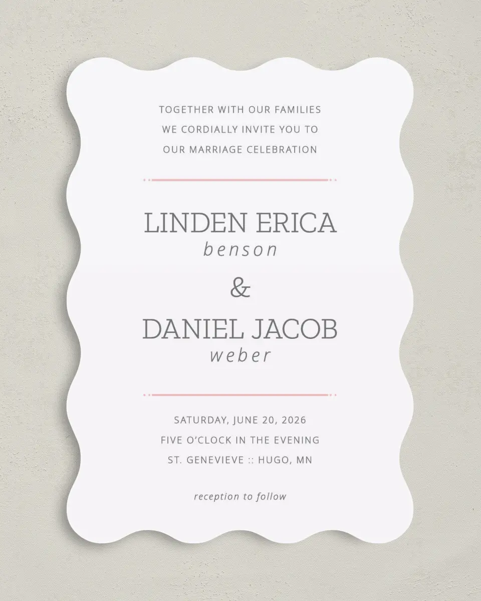 This is a 5" x 7" Wavy Wedding Invitation called Sweetly Charmed printed in full color on Premium Smooth paper