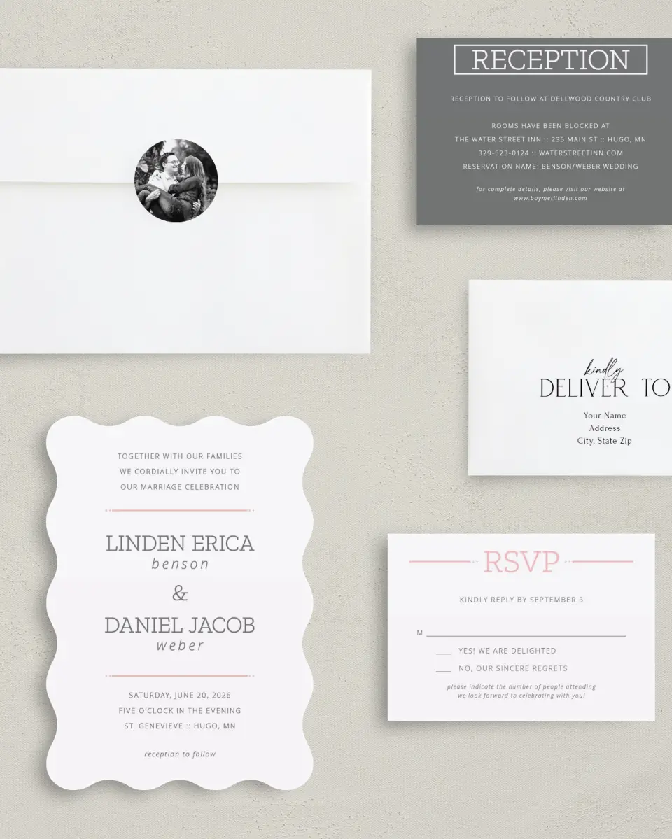 This is a 5" x 7" Wavy Wedding Invitation called Sweetly Charmed printed in full color with Silver foil on Luxe Satin (coated) paper
