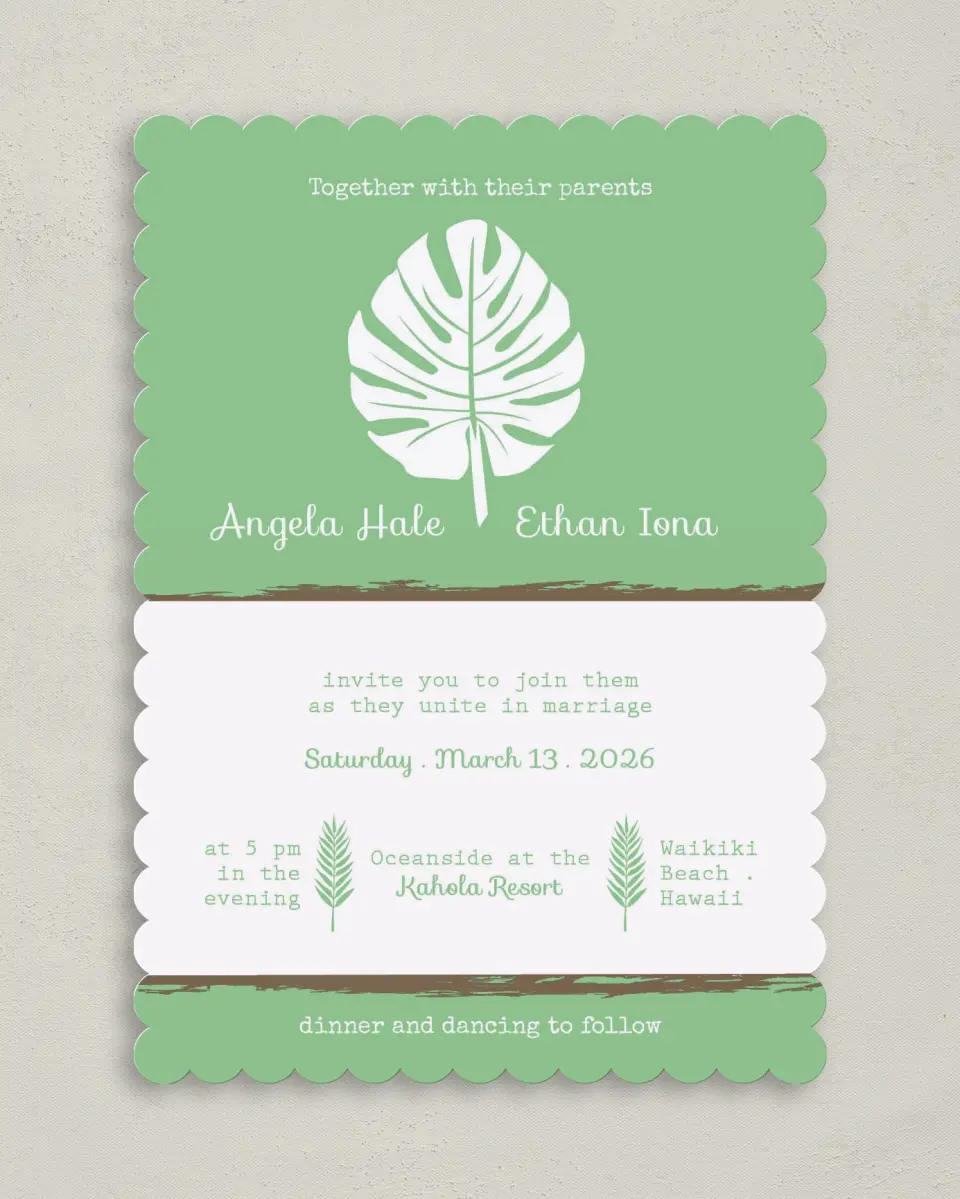 This is a 5" x 7" Classic Wedding Invitation called Palms in Paradise printed in full color on Premium Smooth paper