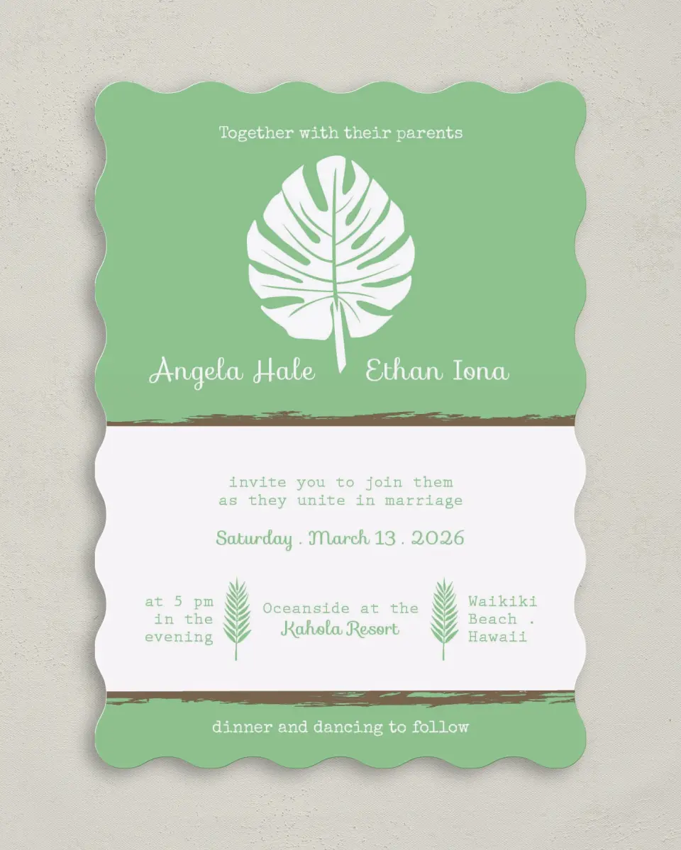This is a 5" x 7" Wavy Wedding Invitation called Palms in Paradise printed in full color on Premium Smooth paper
