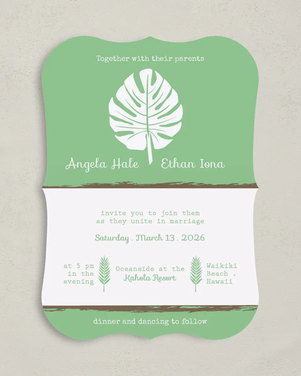 This is a 5" x 7" Bracket Wedding Invitation called Palms in Paradise printed in full color on Premium Smooth paper