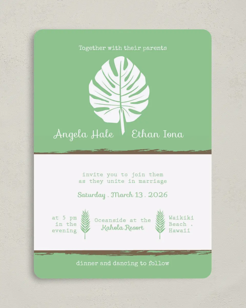 This is a 5" x 7" Rounded Wedding Invitation called Palms in Paradise printed in full color on Premium Smooth paper