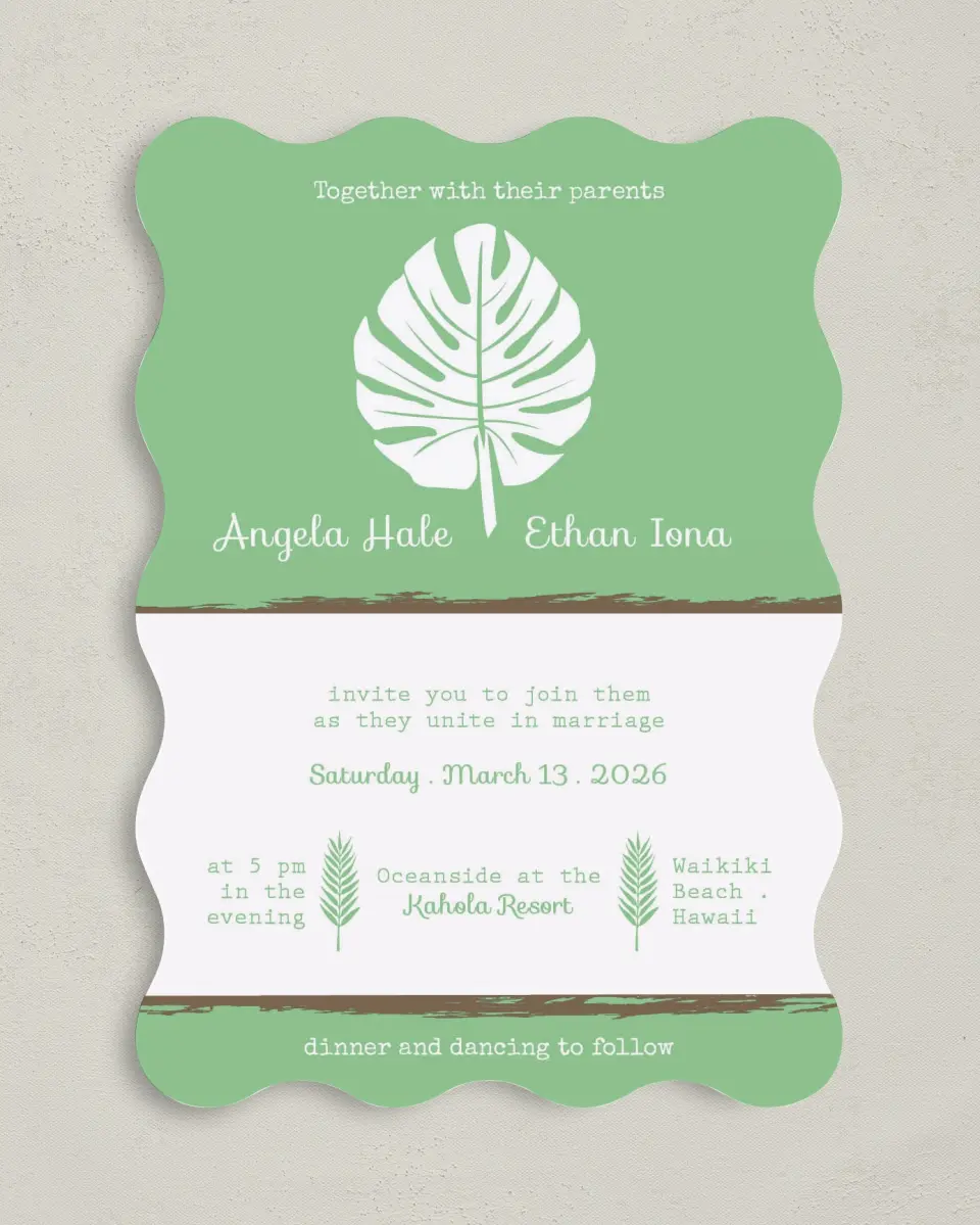 This is a 5" x 7" Wavy Wedding Invitation called Palms in Paradise printed in full color on Premium Smooth paper
