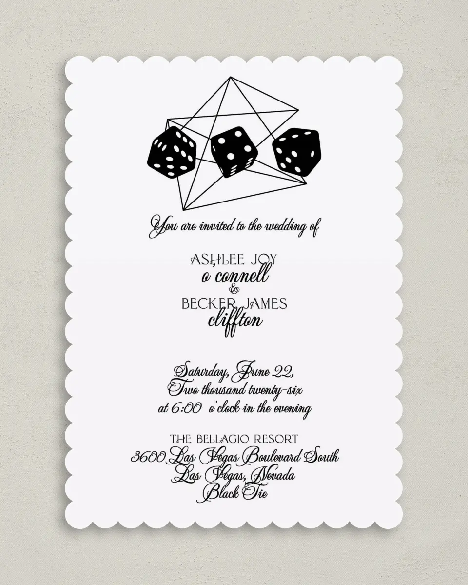This is a 5" x 7" Classic Wedding Invitation called Upscale Vegas printed in full color on Premium Smooth paper