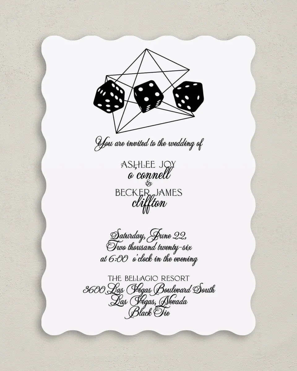 This is a 5" x 7" Wavy Wedding Invitation called Upscale Vegas printed in full color on Premium Smooth paper