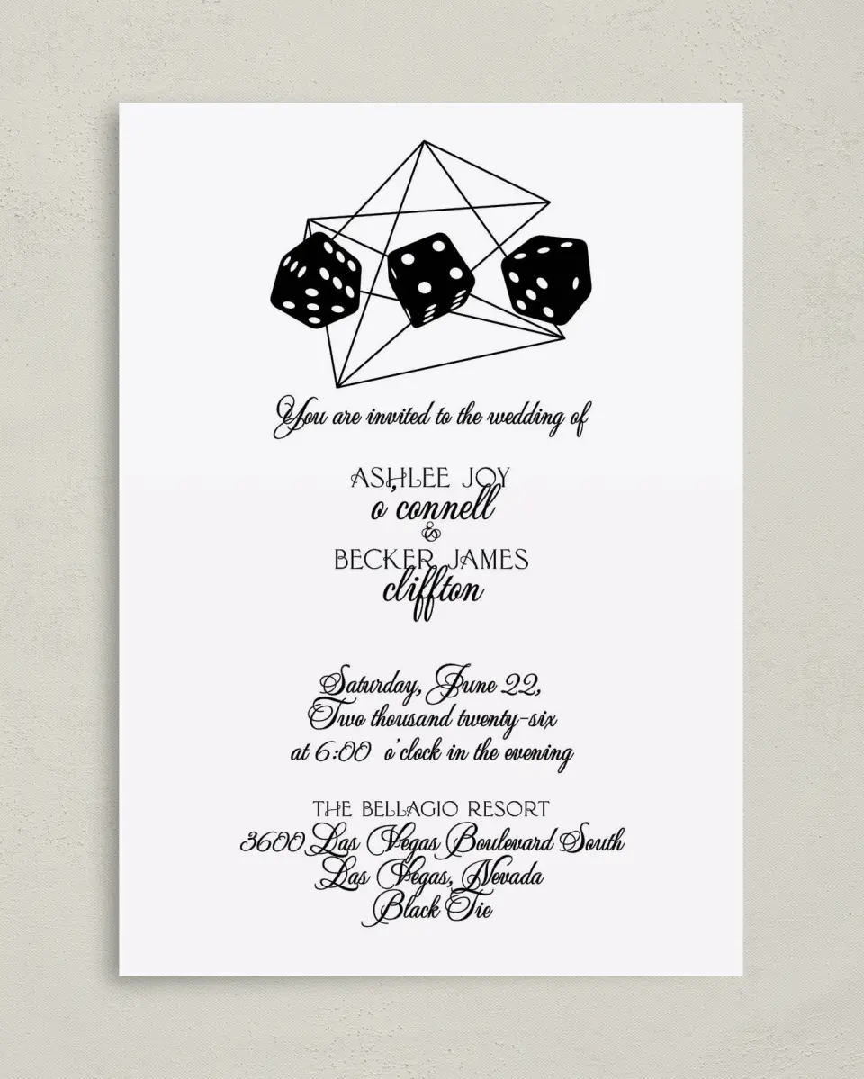 This is a 5" x 7" Classic Wedding Invitation called Upscale Vegas printed in full color on Premium Smooth paper